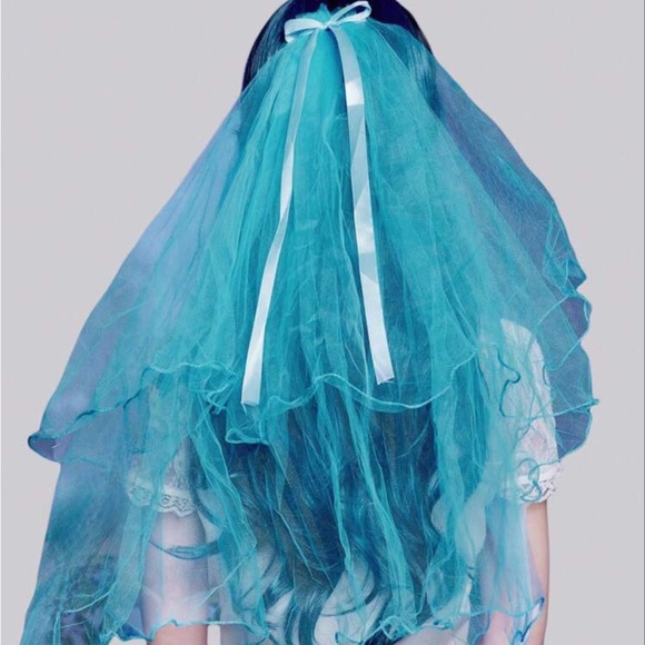CORPSE BRIDE BLUE WATERCOLOR MESH BRIDAL VEIL RIBBON HAIR CLIP HALLOWEEN - Picture 1 of 5